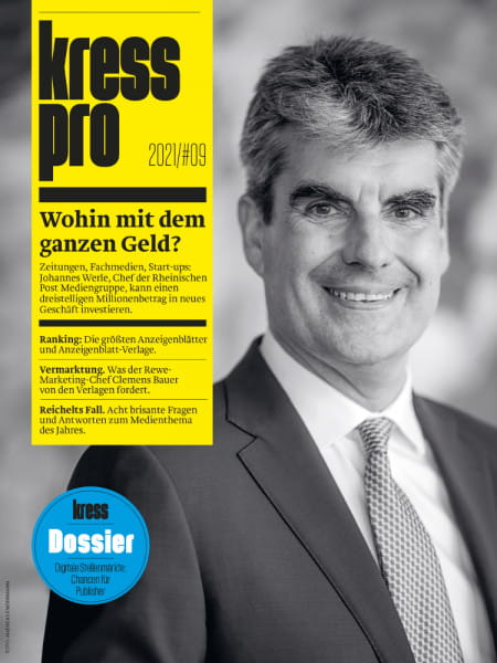 kress pro 2021/09: Wohin mit dem ganzen Geld? Zeitungen, Fachmedien, Start-ups: Johannes Werle, Chef der Rheinischen Post Mediengruppe, kann einen dreistelligen Millionenbetrag in neues Geschäft investieren.