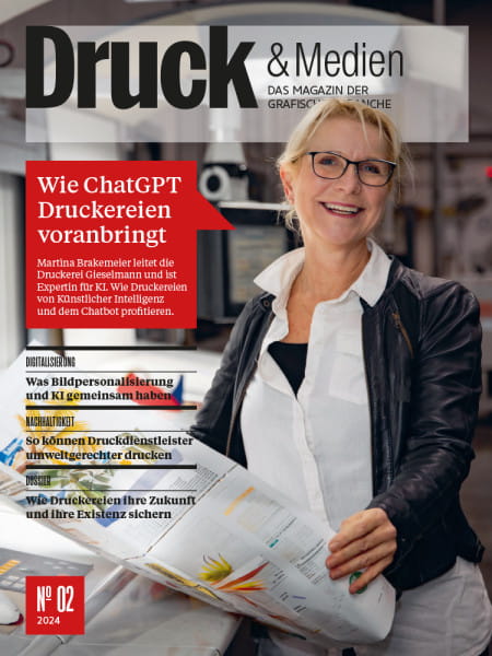 Druck & Medien Nr. 2/2024: Wie ChatGPT Druckereien voranbringt - Martina Brakemeier leitet die Druckerei Gieselmann und ist Expertin für KI. Wie Druckereien von Künstlicher Intelligenz und dem Chatbot profitieren.