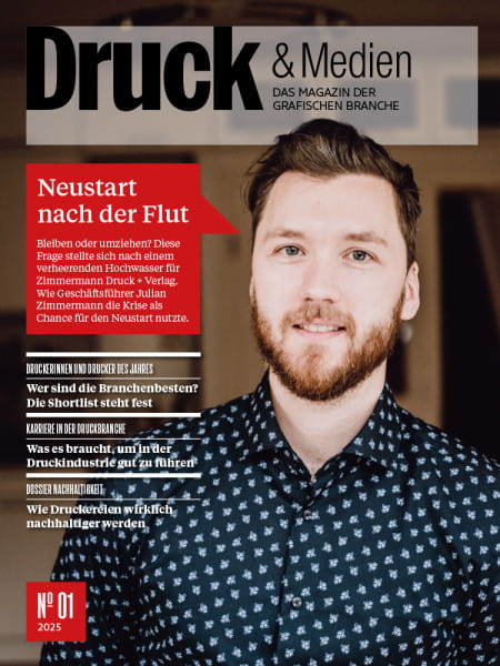 Druck & Medien Nr. 1/2025: Neustart nach der Flut - Bleiben oder umziehen? Diese Frage stellte sich nach einem verheerenden Hochwasser für Zimmermann Druck + Verlag. Wie Geschäftsführer Julian Zimmermann die Krise als Chance für den Neustart nutzte.