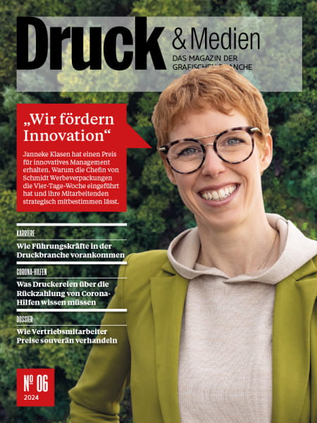 Druck & Medien Nr. 6/2024: „Wir fördern Innovation“ - Janneke Klasen hat einen Preis für innovatives Management erhalten. Warum die Chefin von Schmidt Werbeverpackungen die Vier-Tage-Woche eingeführt hat und ihre Mitarbeitenden strategisch mitbestimmen l