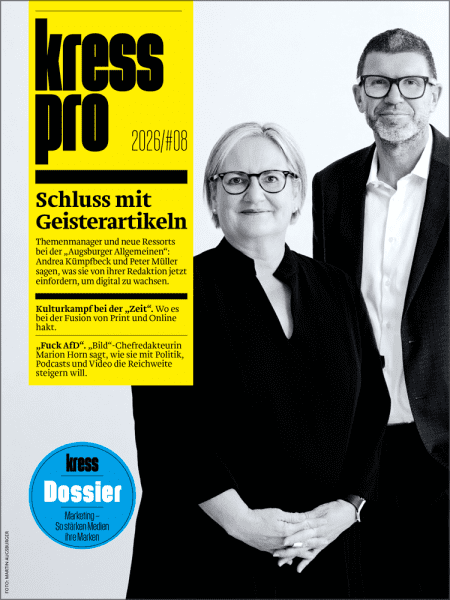 kress pro 2026/08: Schluss mit Geisterartikeln - Themenmanager und neue Ressorts bei der „Augsburger Allgemeinen“: Andrea Kümpfbeck und Peter Müller sagen, was sie von ihrer Redaktion jetzt einfordern, um digital zu wachsen.