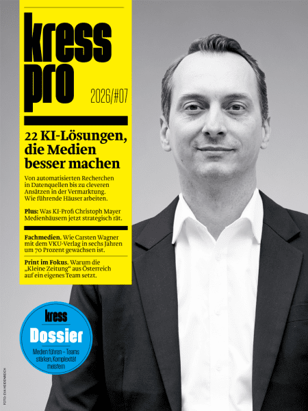 kress pro 2026/07: 22 KI-Lösungen, die Medien besser machen - Von automatisierten Recherchen in Datenquellen bis zu cleveren Ansätzen in der Vermarktung. Wie führende Häuser arbeiten.