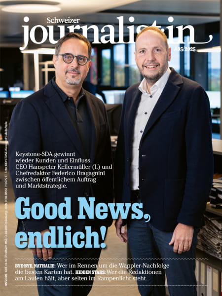 Schweizer Journalist:in 05/2025: Keystone-SDA gewinnt wieder Kunden und Einfluss. CEO Hanspeter Kellermüller (l.) und Chefredaktor Federico Bragagnini zwischen öffentlichem Auftrag und Marktstrategie.