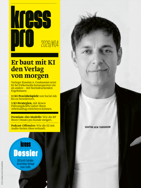 kress pro 2026/04: Er baut mit KI den Verlag von morgen - Verleger Kassian A. Goukassian setzt KI bei Falkemedia konsequenter ein als andere – mit beeindruckenden Ergebnissen: 11 KI-Praxisbeispiele von Social Ads bis zu Newslettern. 5 KI-Strategien, mit d
