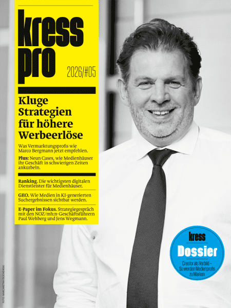 kress pro 2026/05: Kluge Strategien für höhere Werbeerlöse - Was Vermarktungsprofis wie Marco Bergmann jetzt empfehlen. Plus: Neun Cases, wie Medienhäuser ihr Geschäft in schwierigen Zeiten ankurbeln.