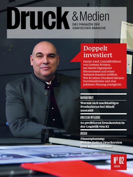 Druck & Medien Nr. 2/2026: Doppelt investiert - Daniel Josef, Geschäftsführer von German Printers, hat Stiefel Digitalprint übernommen und einen weiteren Standort eröffnet. Wie KI seiner Druckerei kürzere Durchlaufzeiten und eine präzisere Planung ermögli