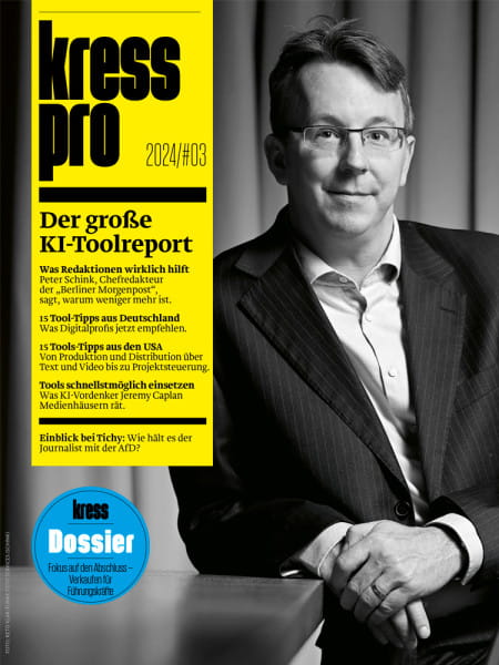 kress pro 2024/03: Der große KI-Toolreport - Was Redaktionen wirklich hilft - Peter Schink, Chefredakteur der „Berliner Morgenpost“, sagt, warum weniger mehr ist.