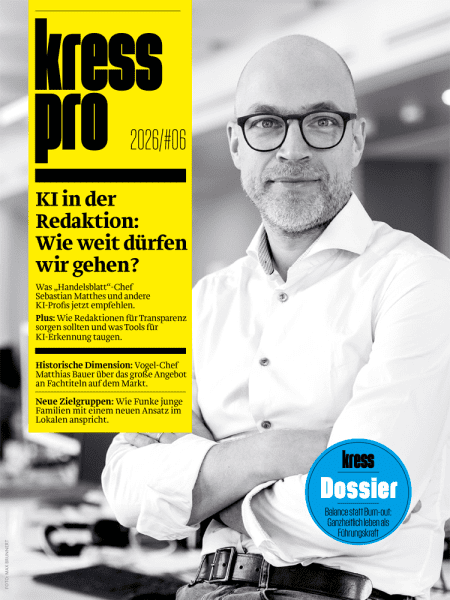 kress pro 2026/06: KI in der Redaktion: Wie weit dürfen wir gehen? - Was „Handelsblatt“-Chef Sebastian Matthes und andere KI-Profis jetzt empfehlen. Plus: Wie Redaktionen für Transparenz sorgen sollten und was Tools für KI-Erkennung taugen.