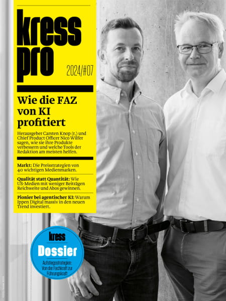 kress pro 2024/07: Wie die FAZ von KI profitiert - Herausgeber Carsten Knop (r.) und Chief Product Officer Nico Wilfer sagen, wie sie ihre Produkte verbessern und welche Tools der Redaktion am meisten helfen.