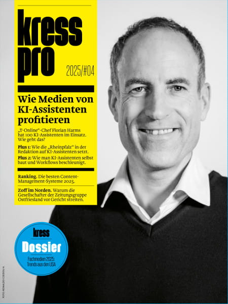 kress pro 2025/04: Wie Medien von KI-Assistenten profitieren - „T-Online“-Chef Florian Harms hat 100 KI-Assistenten im Einsatz. Wie geht das?