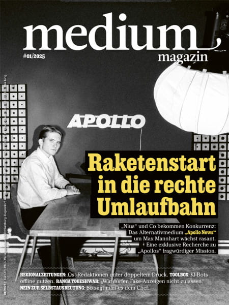 medium magazin 2025 Nr. 1: Raketenstart in die rechte Umlaufbahn „Nius“ und Co bekommen Konkurrenz: Das Alternativmedium „Apollo News“ um Max Mannhart wächst rasant. Eine exklusive Recherche zu „Apollos“ fragwürdiger Mission.